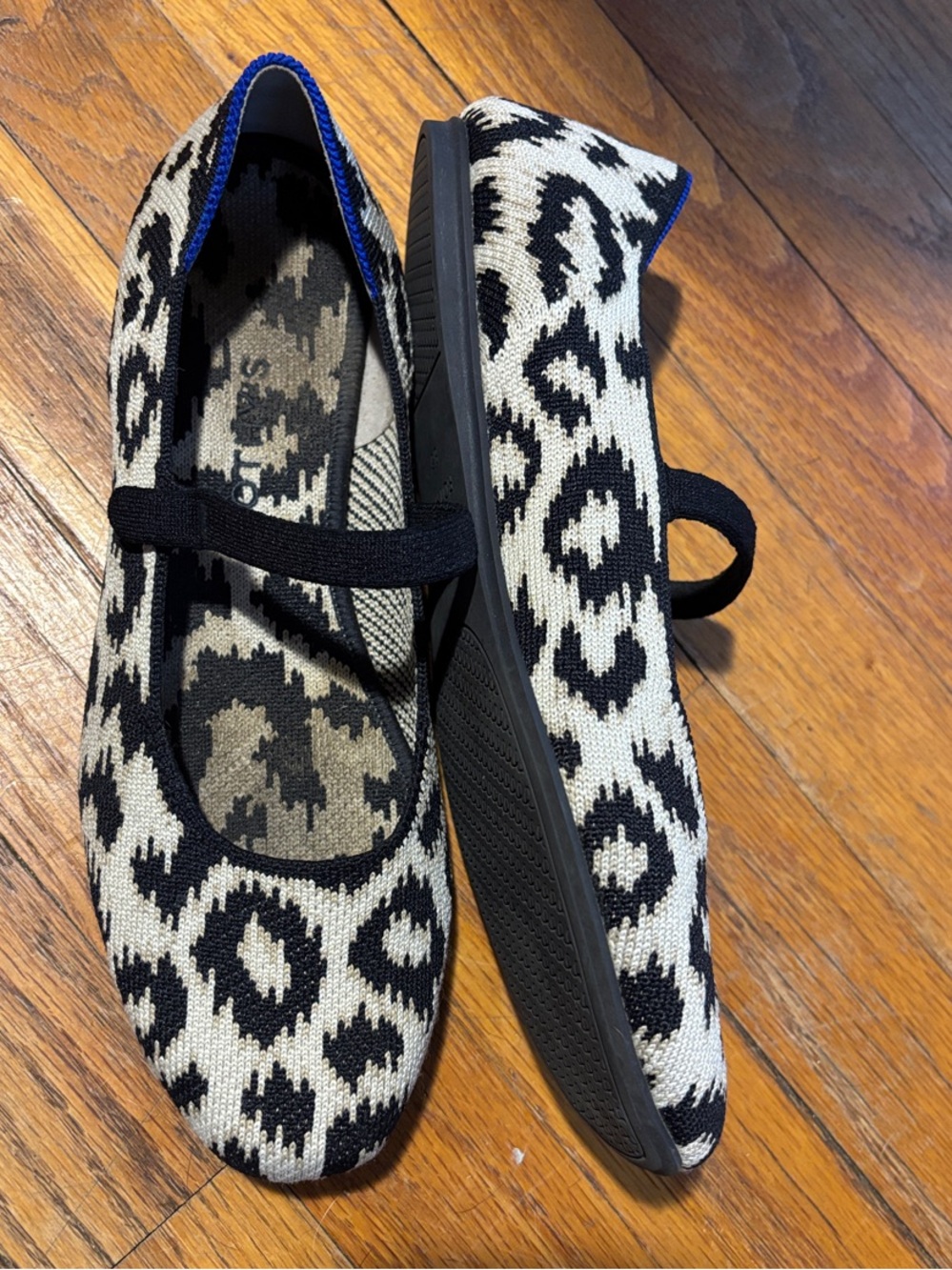Rothy's Black and Cream Leopard Knit Mary Jane Flats with Blue Trim